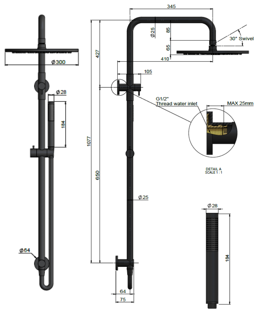 Meir 2 in 1 Twin Round Combination Shower Rail 300mm Rose and Hand Shower - Matte Black