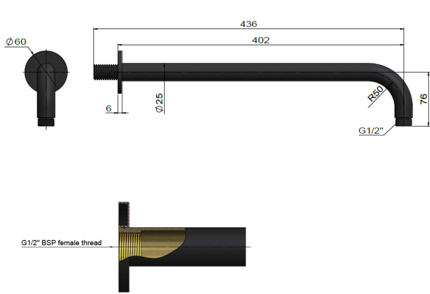 Meir Round Wall Mounted Shower Arm 400mm Matte Black