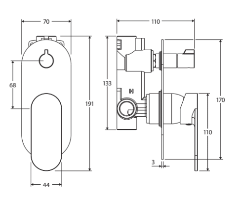 Fienza Empire Slim Wall Diverter Mixer, Large Oval Plate, Horizontal, Urban Brass
