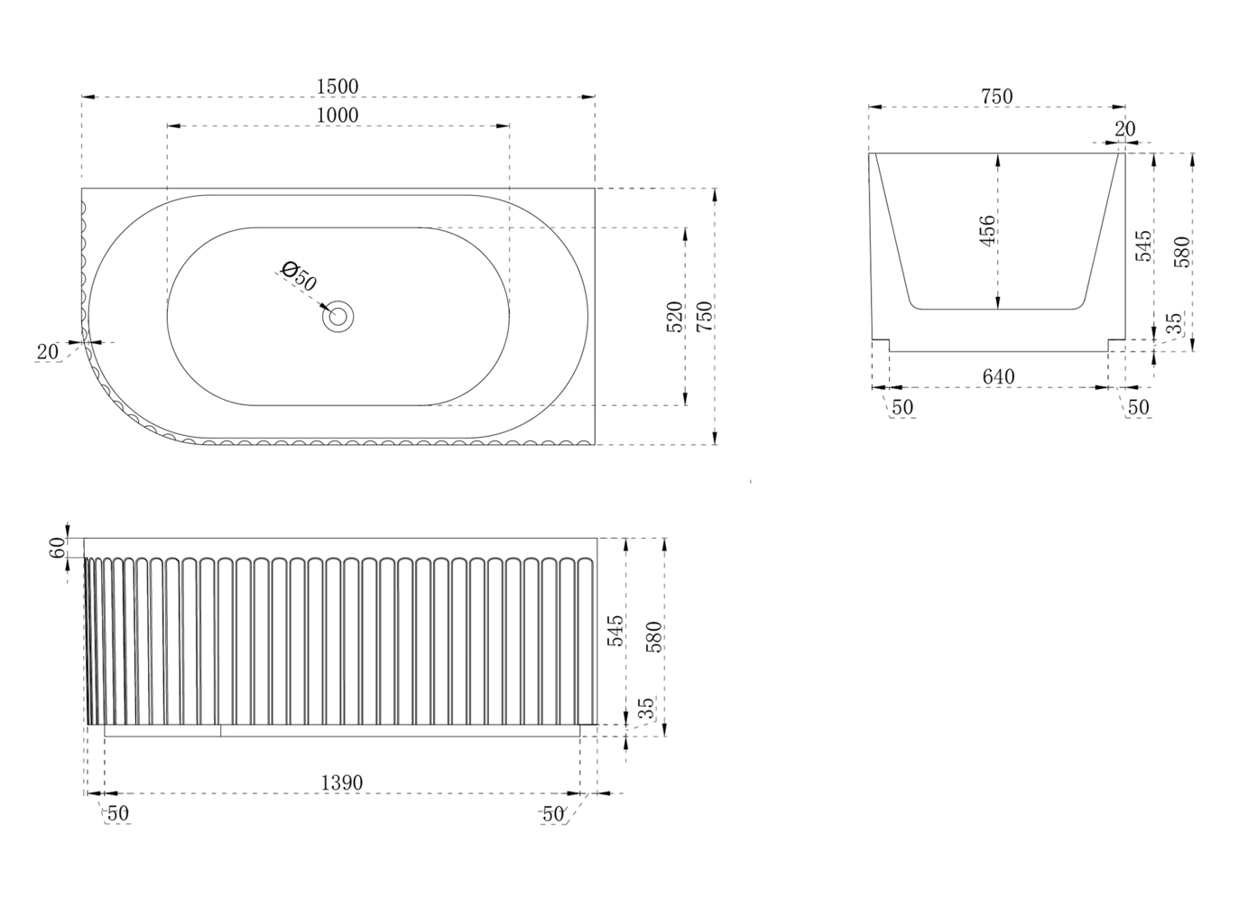 Ovia Artemis Fluted 1500mm Right Hand Corner Matte White Designer Freestanding Bath