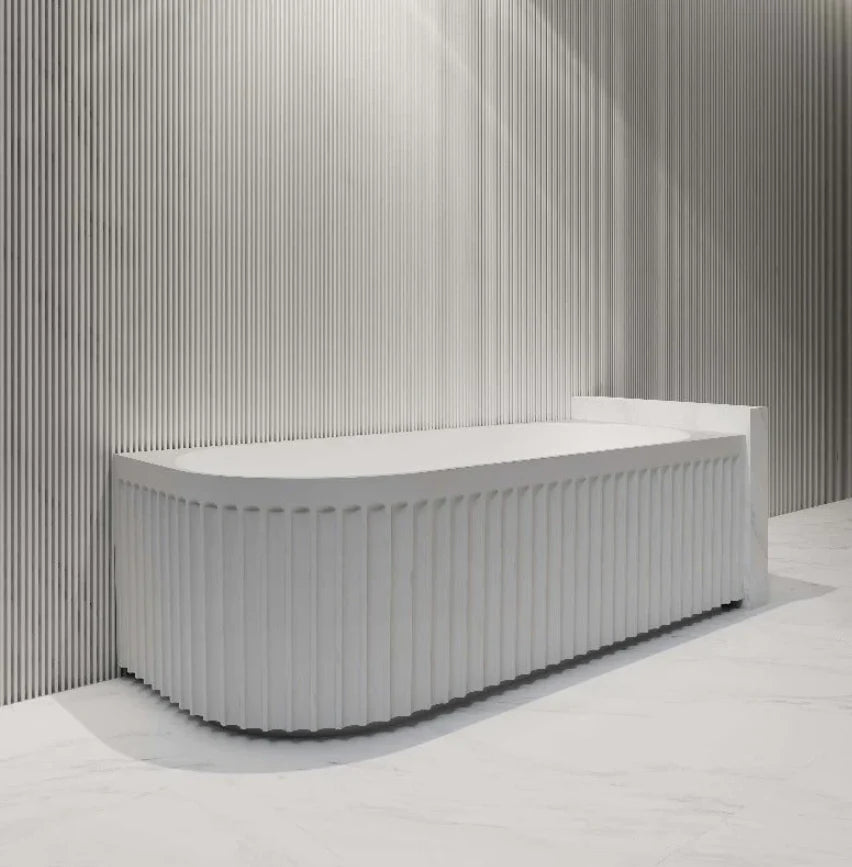 Ovia Artemis Fluted 1500mm Right Hand Corner Matte White Designer Freestanding Bath