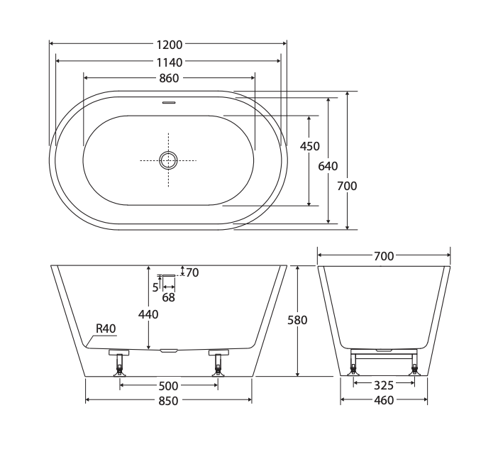 Ovia Oval 1200mm Milan Freestanding Bath Tub Gloss White