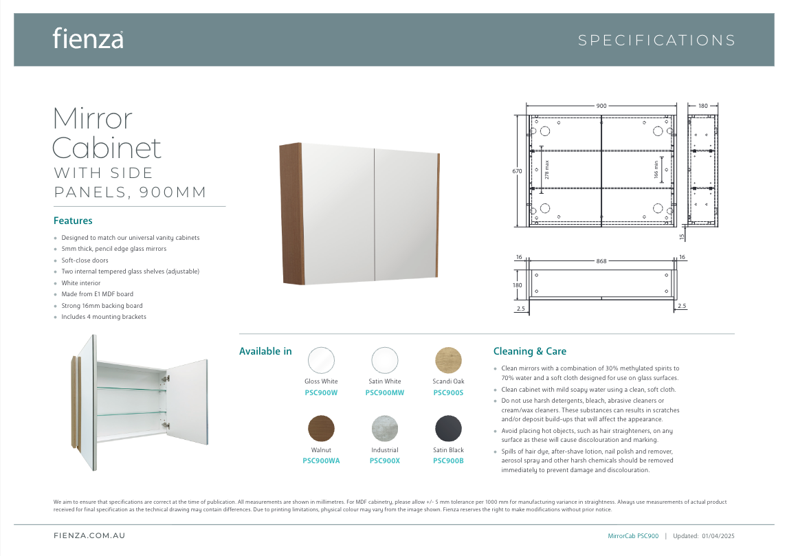 900 Mirror Cabinet with Satin White Side Panels - FIENZA