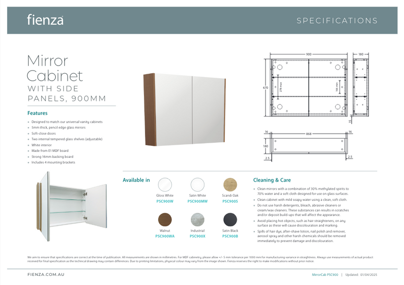 900 Mirror Cabinet with Satin White Side Panels - FIENZA