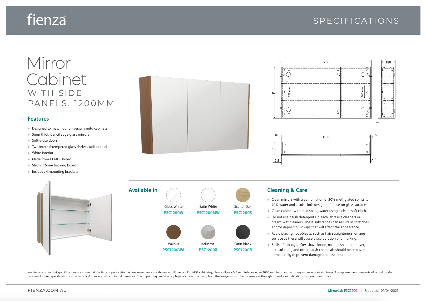 1200 Mirror Cabinet with Satin White Side Panels - FIENZA