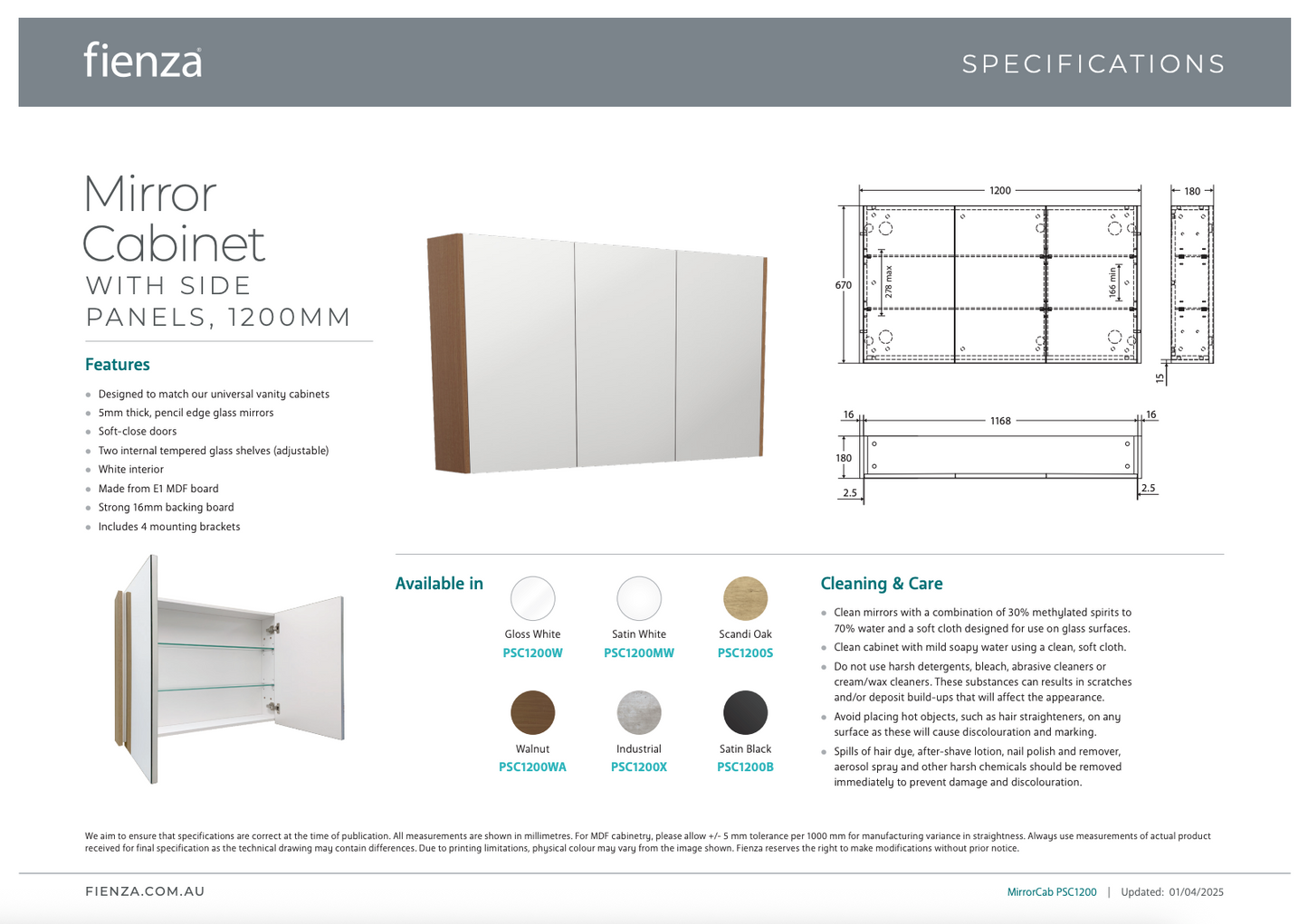 1200 Mirror Cabinet with Satin White Side Panels - FIENZA