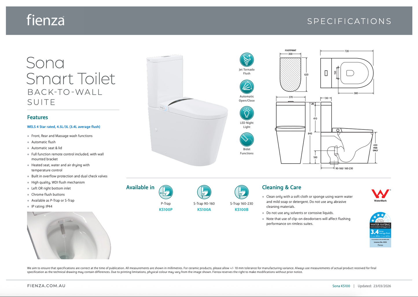 Fienza Sona Smart Toilet Back To Wall