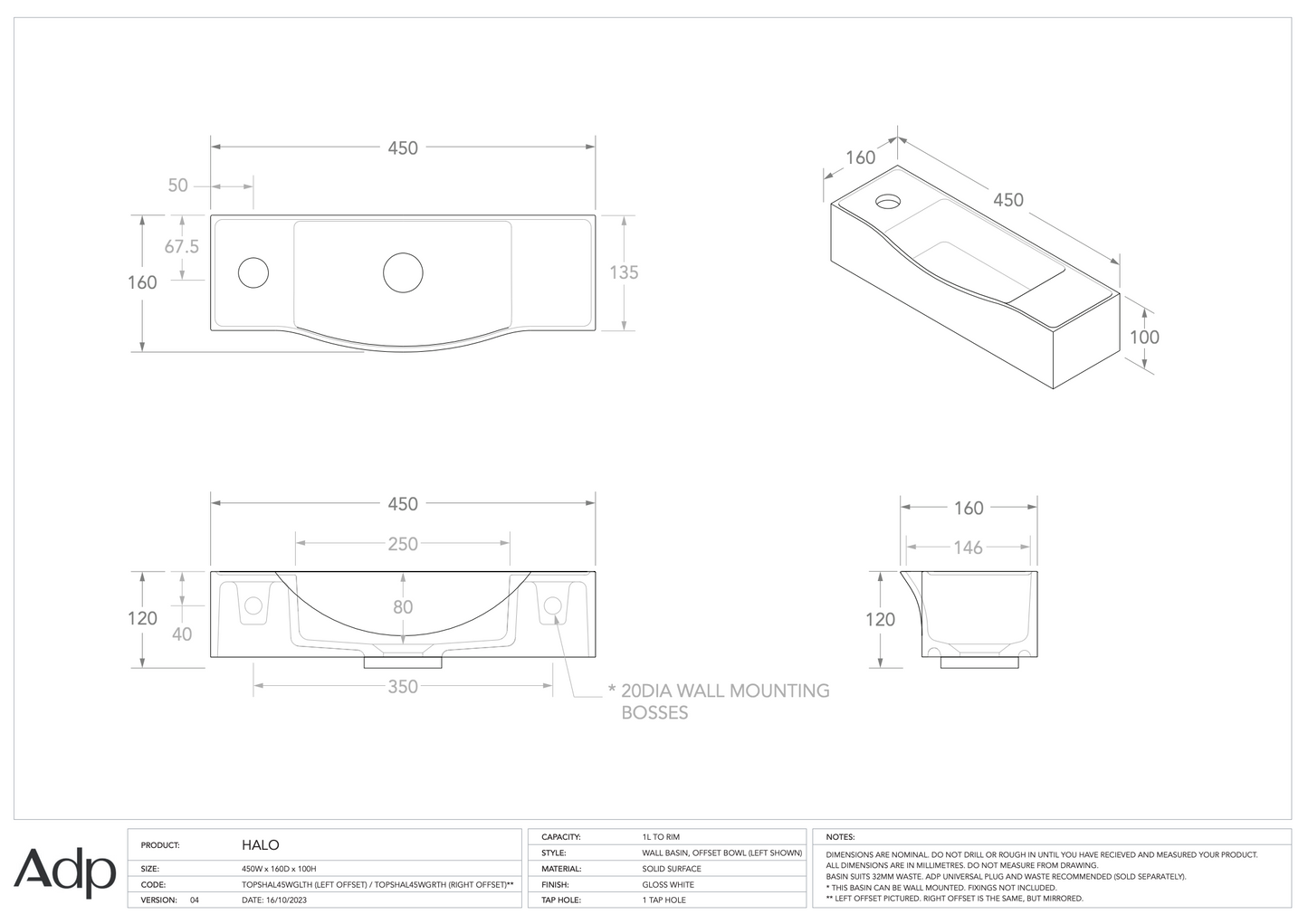 ADP Halo Wall Basin - Gloss White