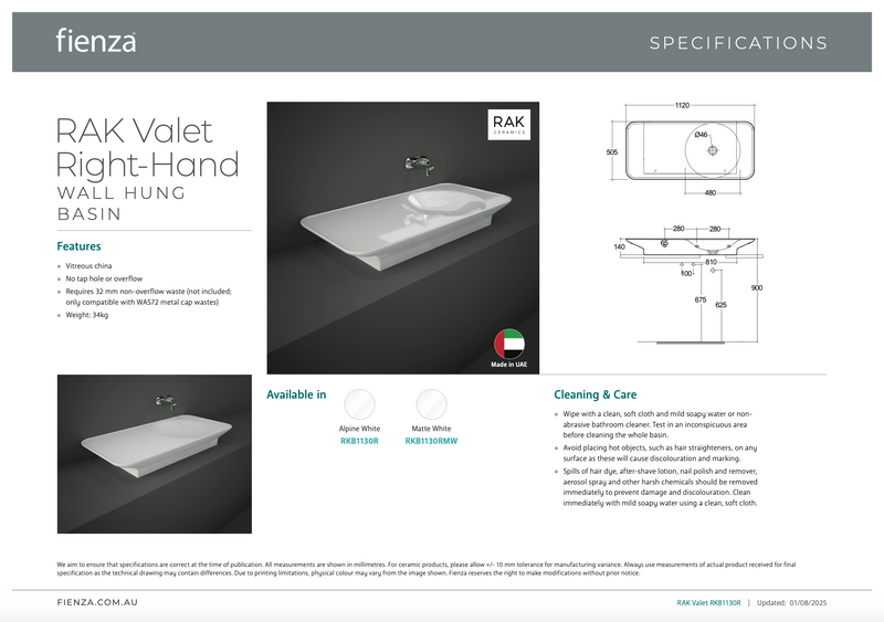 RAK VALET Wall Hung Basin 1120x505mm Right Bowl NTH No Overflow Alpine Gloss White