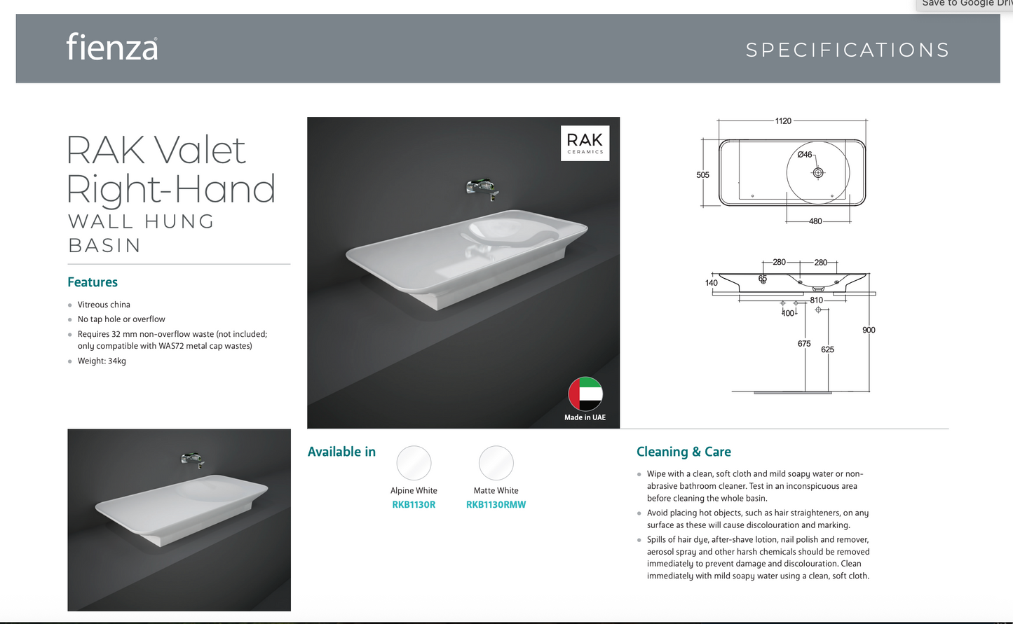 RAK VALET Wall Hung Basin 1120x505mm Right Bowl NTH No Overflow Matte White