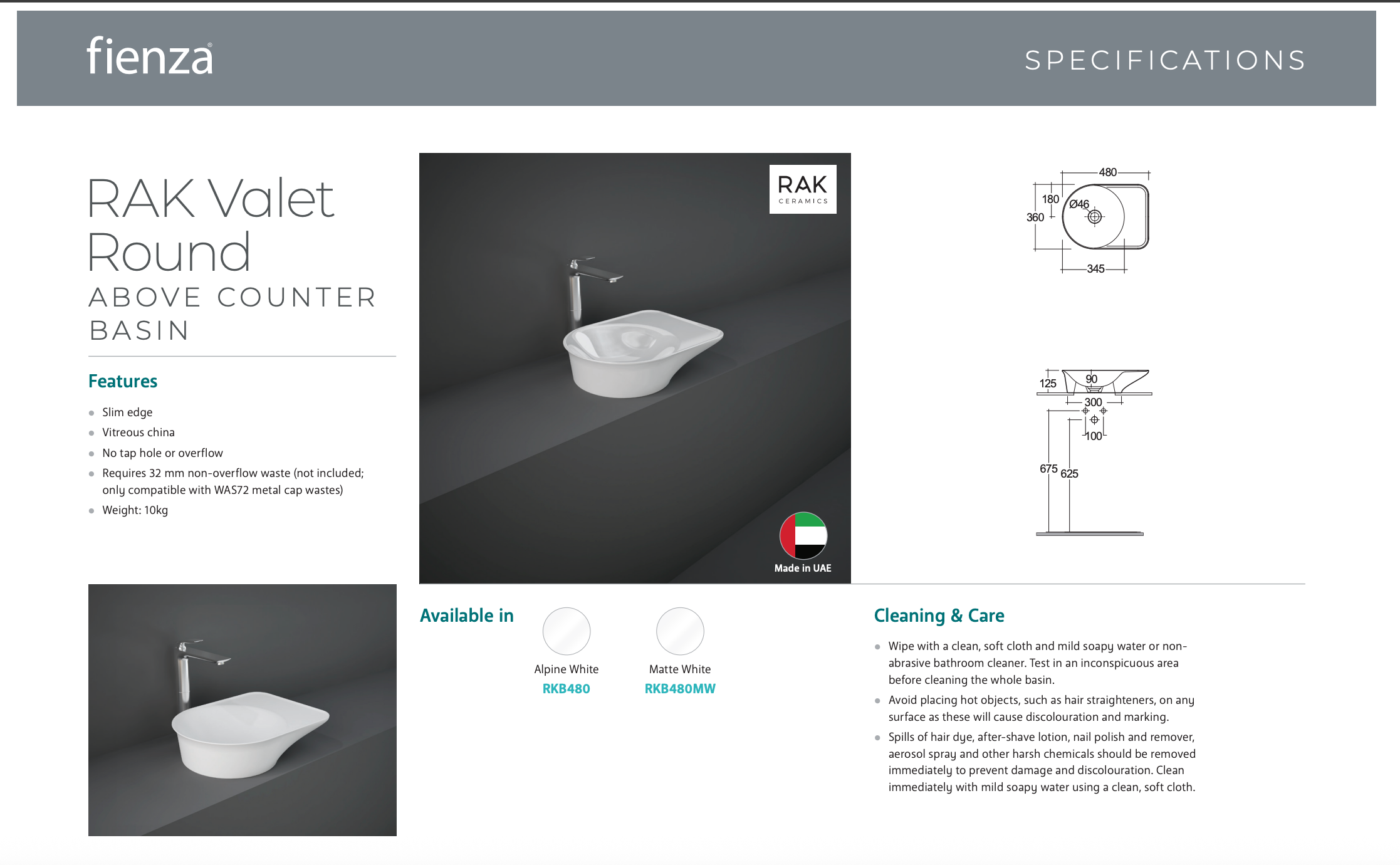 RAK VALET Above Counter Round Bowl Basin 480x360mm No Overflow Matte White