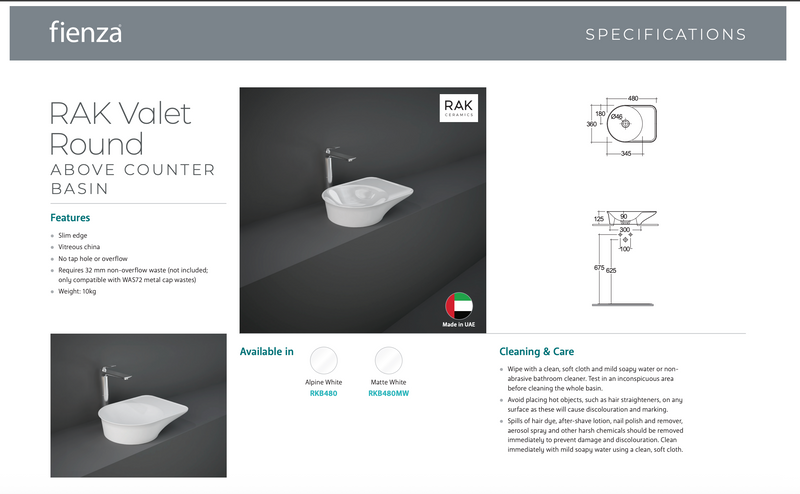 RAK VALET Above Counter Round Bowl Basin 480x360mm No Overflow Alpine Gloss White