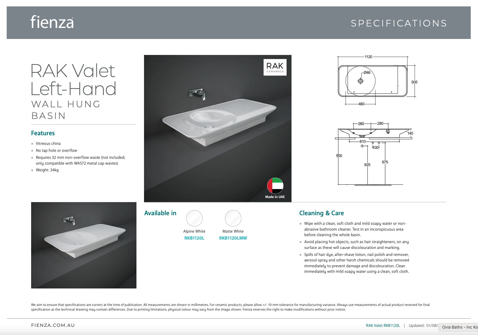 RAK VALET Wall Hung Basin 1120x505mm Left Bowl NTH No Overflow Alpine Gloss White