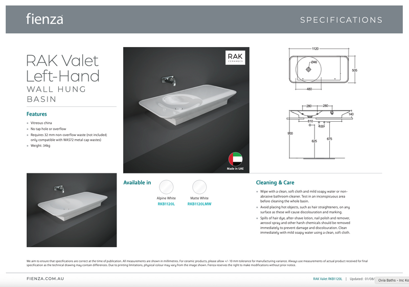 RAK VALET Wall Hung Basin 1120x505mm Left Bowl NTH No Overflow Alpine Gloss White