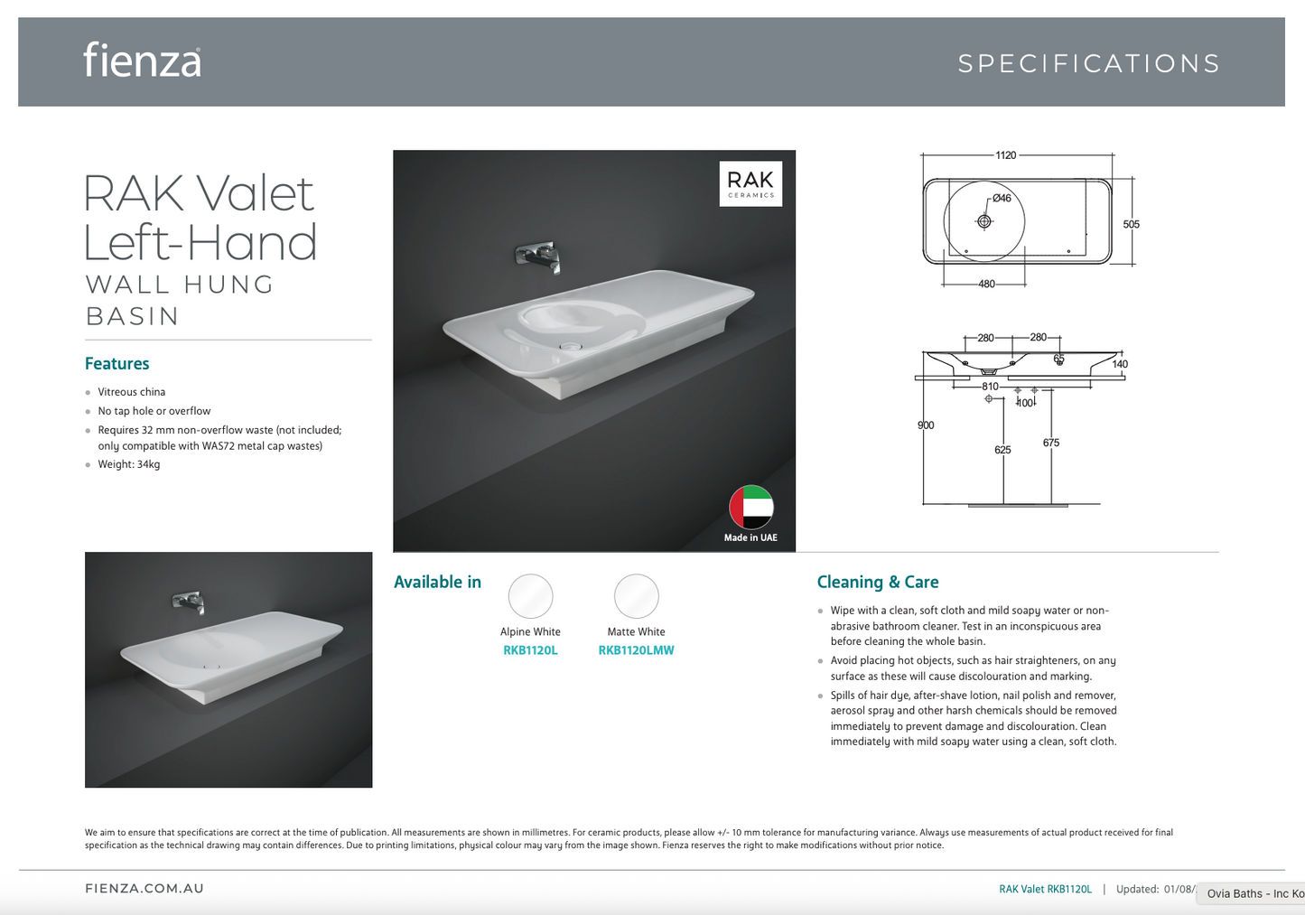 RAK VALET Wall Hung Basin 1120x505mm Left Bowl NTH No Overflow Matte White