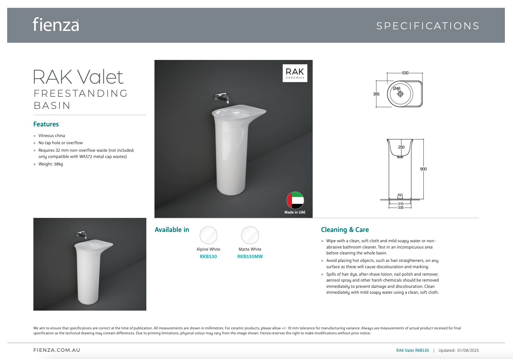 RAK VALET Freestanding Basin 900x530x395mm No Overflow NTH Alpine Gloss White