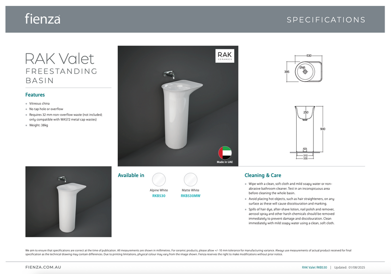 RAK VALET Freestanding Basin 900x530x395mm No Overflow NTH Alpine Gloss White