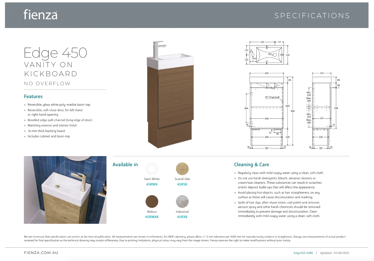 Fienza Edge 450 Ensuite Vanity on Kickboard, No Overflow, Walnut