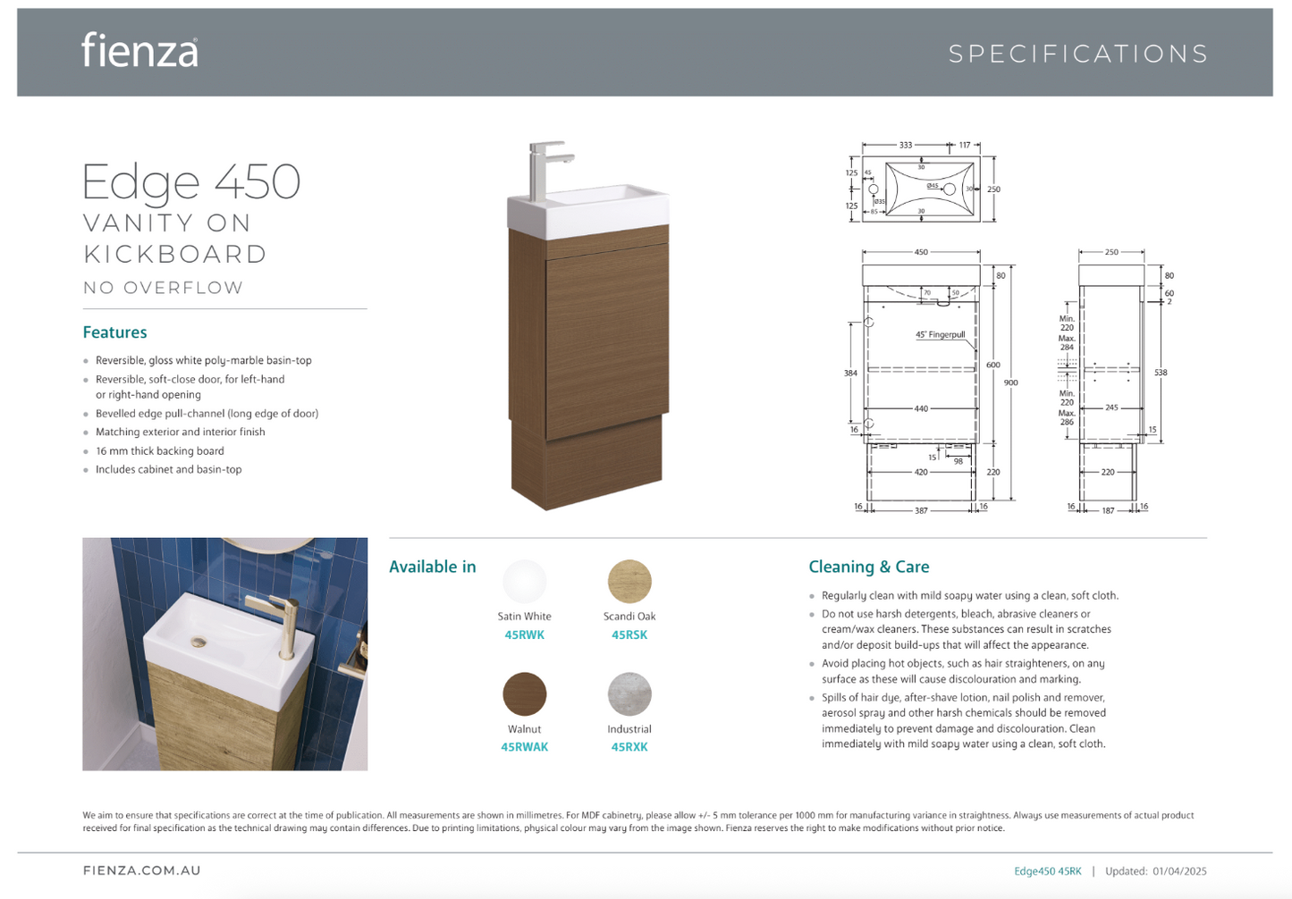 Fienza Edge 450 Ensuite Vanity on Kickboard, No Overflow, Walnut