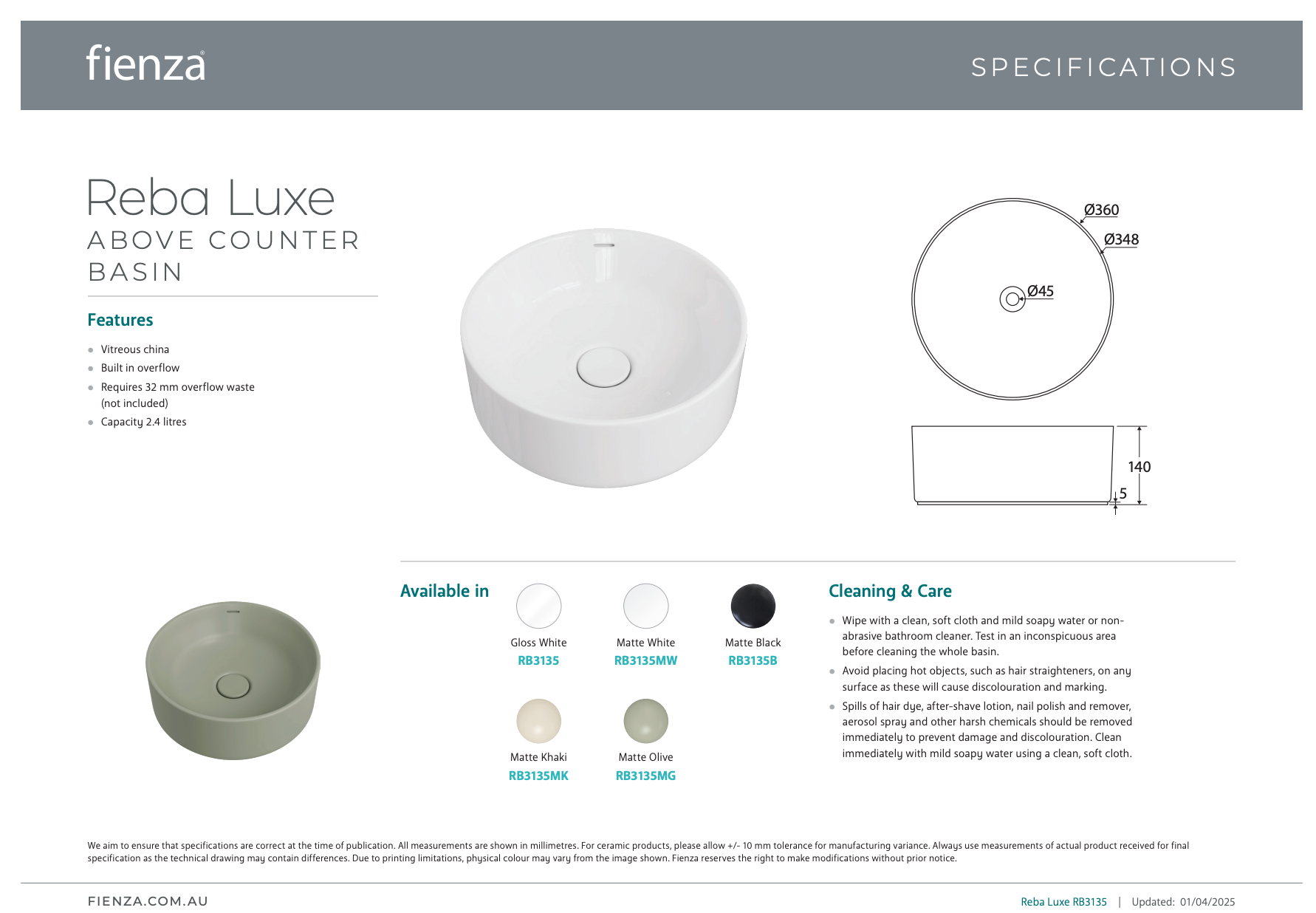 Fienza REBA LUXE Round Basin with Overflow Above Counter Matte Black
