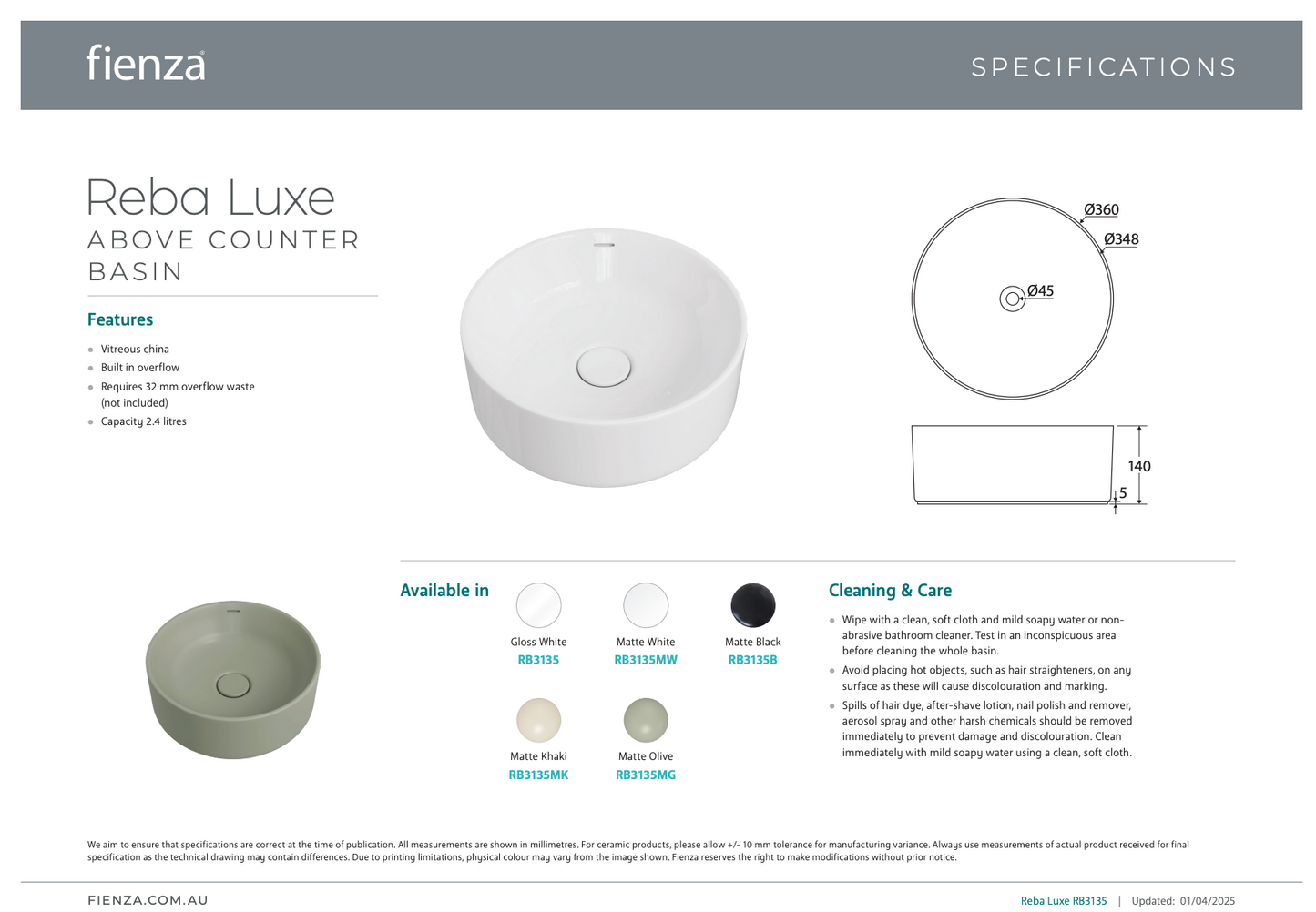 Fienza REBA LUXE Round Basin with Overflow Above Counter Matte Black