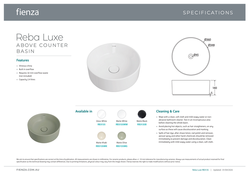 Fienza REBA LUXE Round Basin with Overflow Above Counter Matte Black