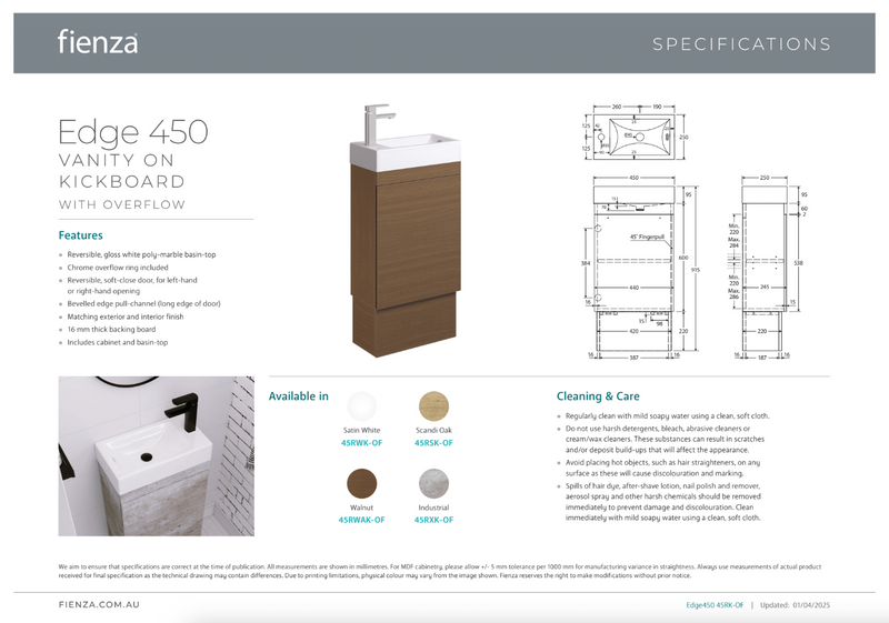 Fienza Edge 450 Ensuite Vanity on Kickboard with Overflow, Walnut
