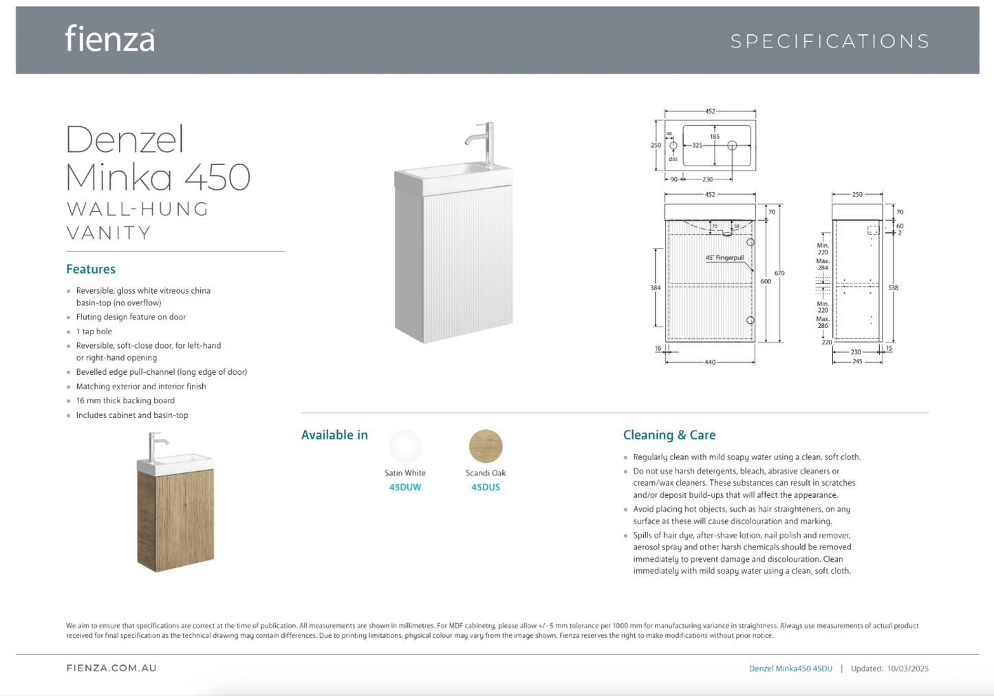 Fienza DENZEL MINKA 450 Scandi Oak Wall Hung Vanity 1TH No Overflow