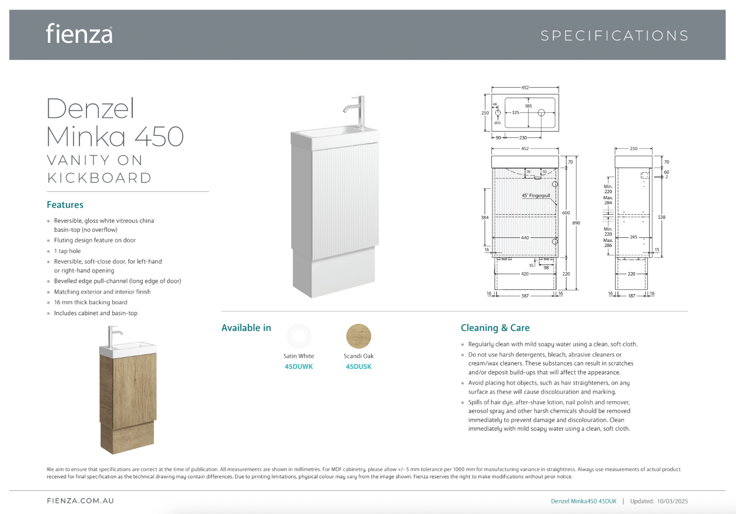 Fienza DENZEL MINKA 450 Scandi Oak Vanity On Kick 1TH No Overflow
