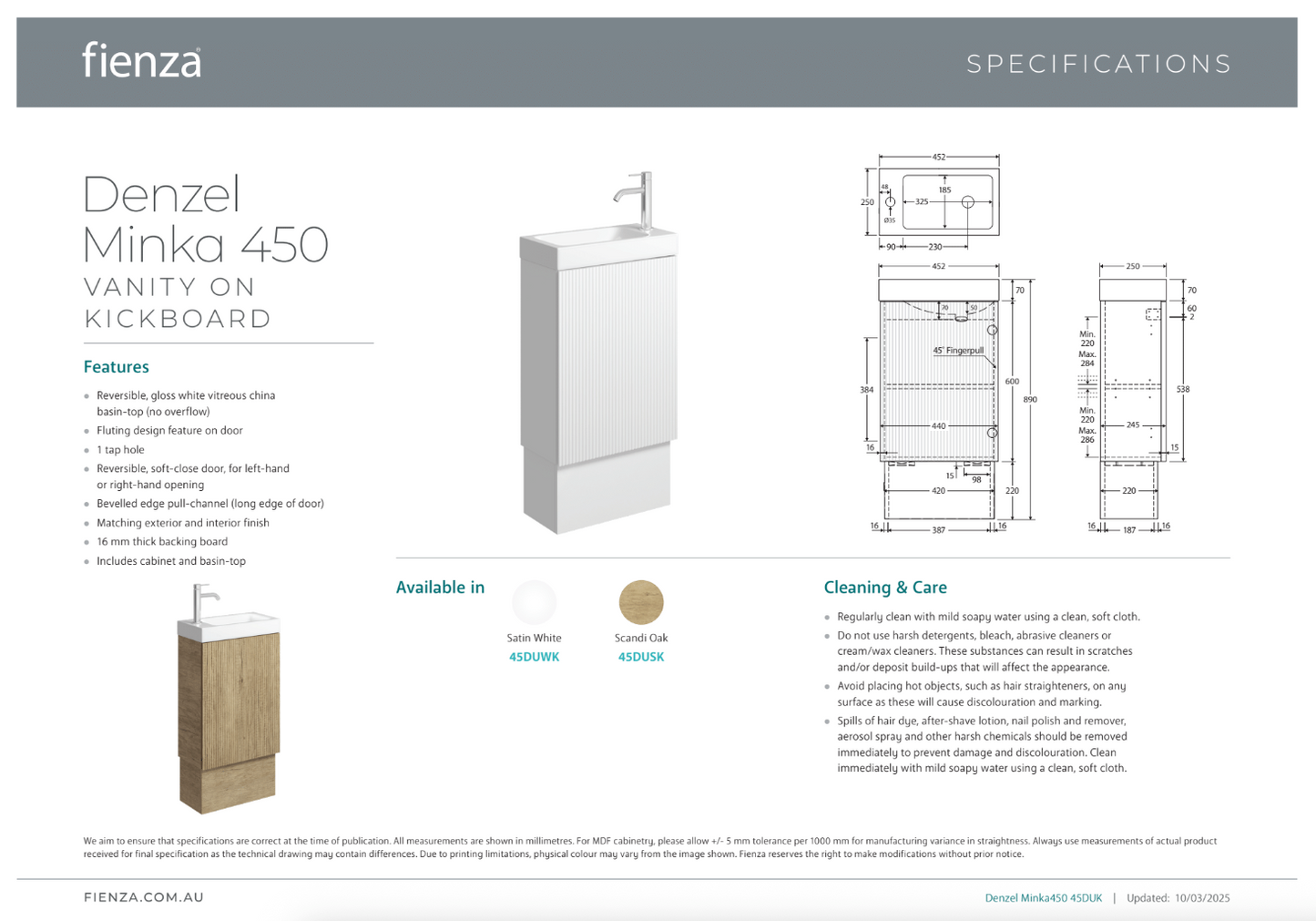 Fienza DENZEL MINKA 450 Scandi Oak Vanity On Kick 1TH No Overflow