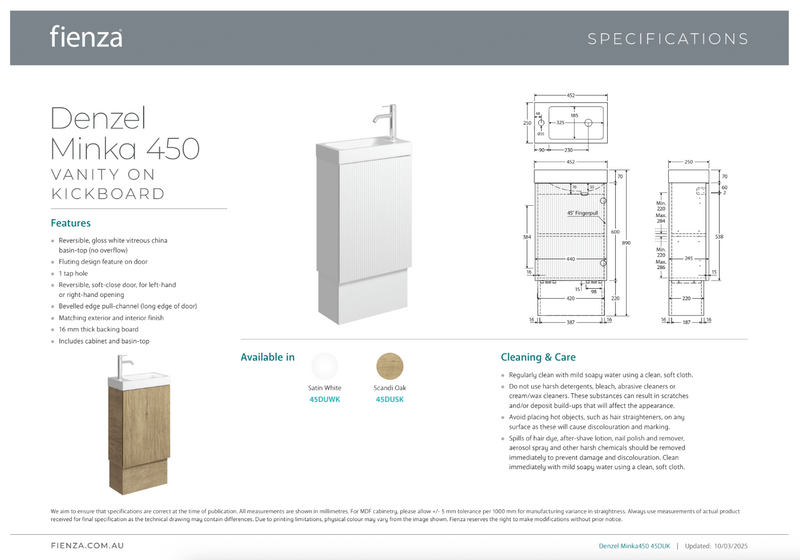 Fienza DENZEL MINKA 450 Scandi Oak Vanity On Kick 1TH No Overflow