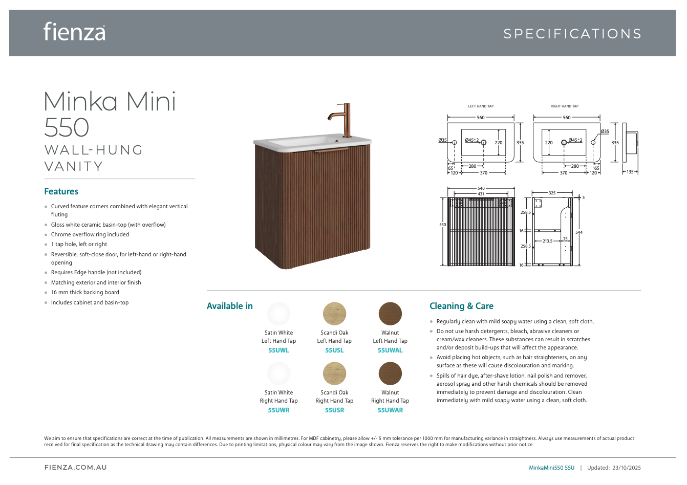 Fienza Minka Mini 550 Wall-Hung Vanity, Right Hand Tap, Satin White