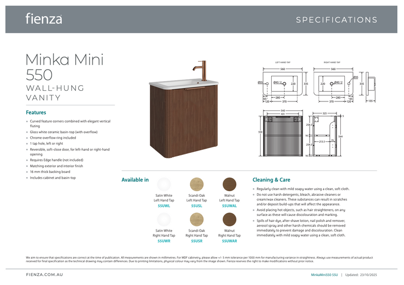 Fienza Minka Mini 550 Wall-Hung Vanity, Right Hand Tap, Satin White