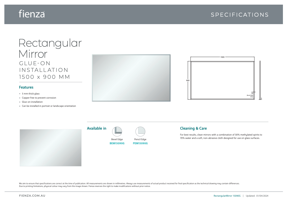 Fienza Mirror Pencil Edge 1500x900mm 5mm Glass (Glue On)