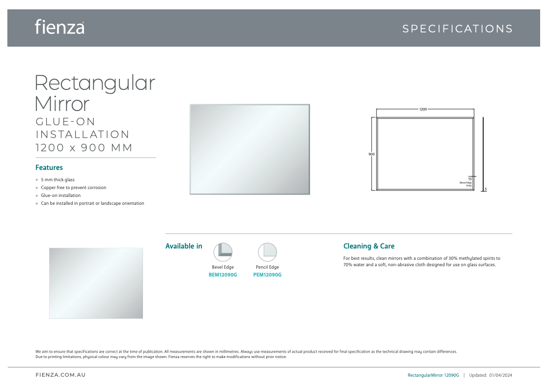 Fienza Mirror Pencil Edge 1200x900mm 5mm Glass (Glue On)
