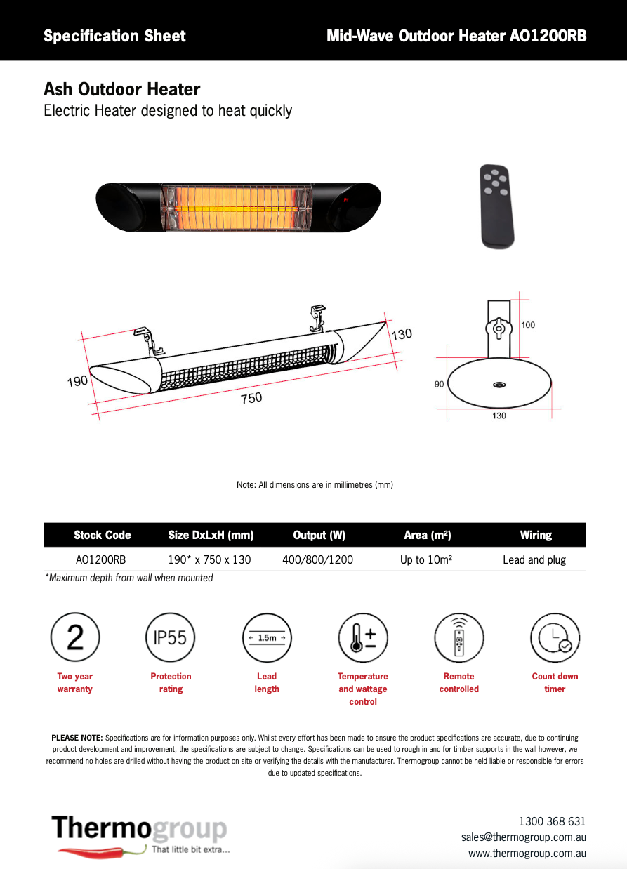 Thermogroup Ash 1200W Mid-Wave Outdoor Heater