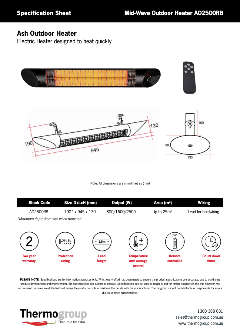 Thermogroup Ash 2500W Mid-Wave Outdoor Heater