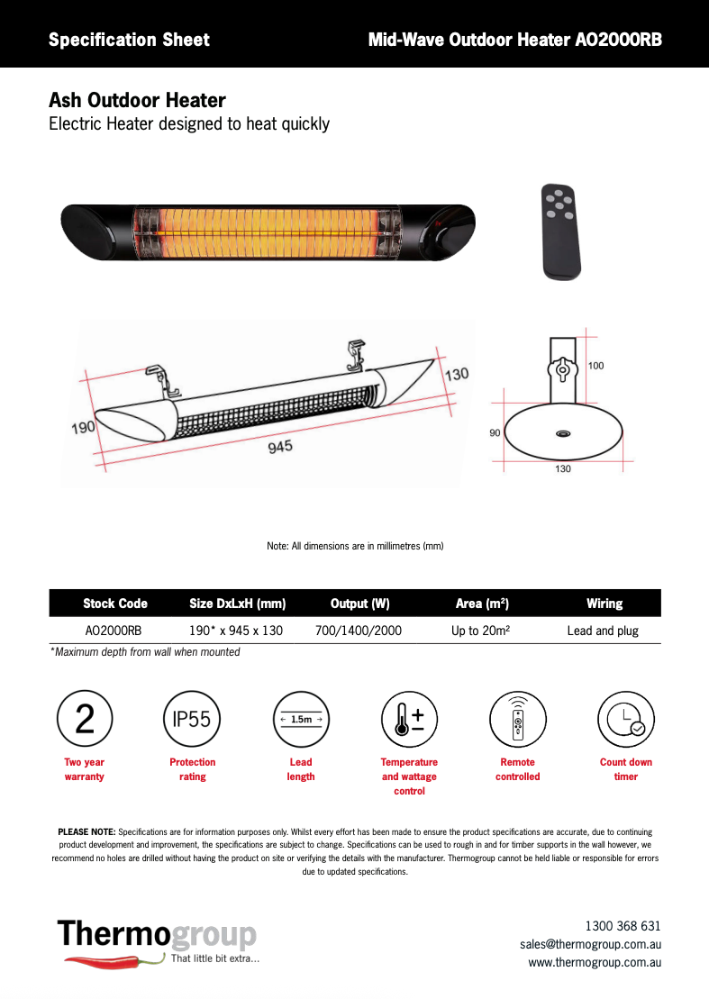 Thermogroup Ash 2000W Mid-Wave Outdoor Heater