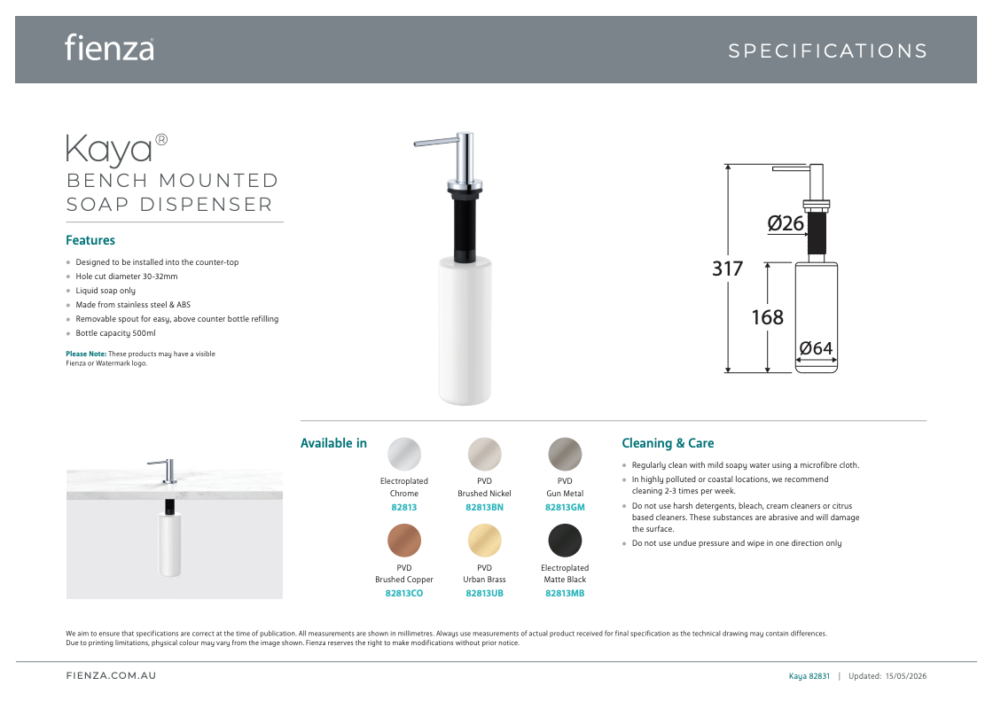 Fienza Kaya Bench Mounted Soap Dispenser