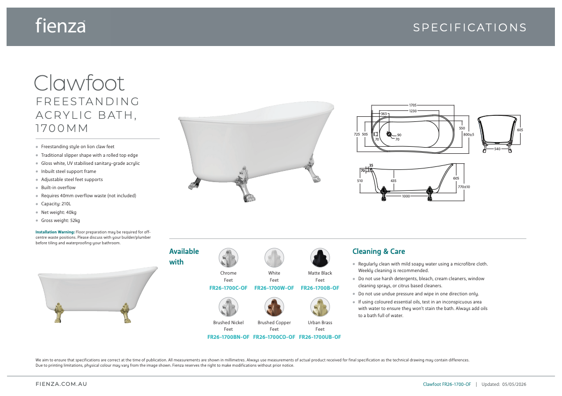 Fienza Clawfoot Acrylic Free Standing Bath Tub Chrome Feet