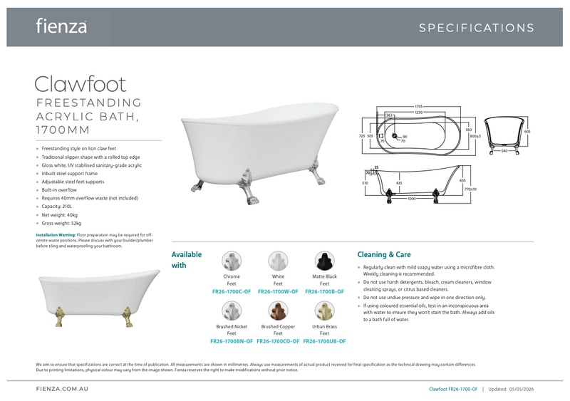 Fienza Clawfoot Acrylic Free Standing Bath Tub Chrome Feet