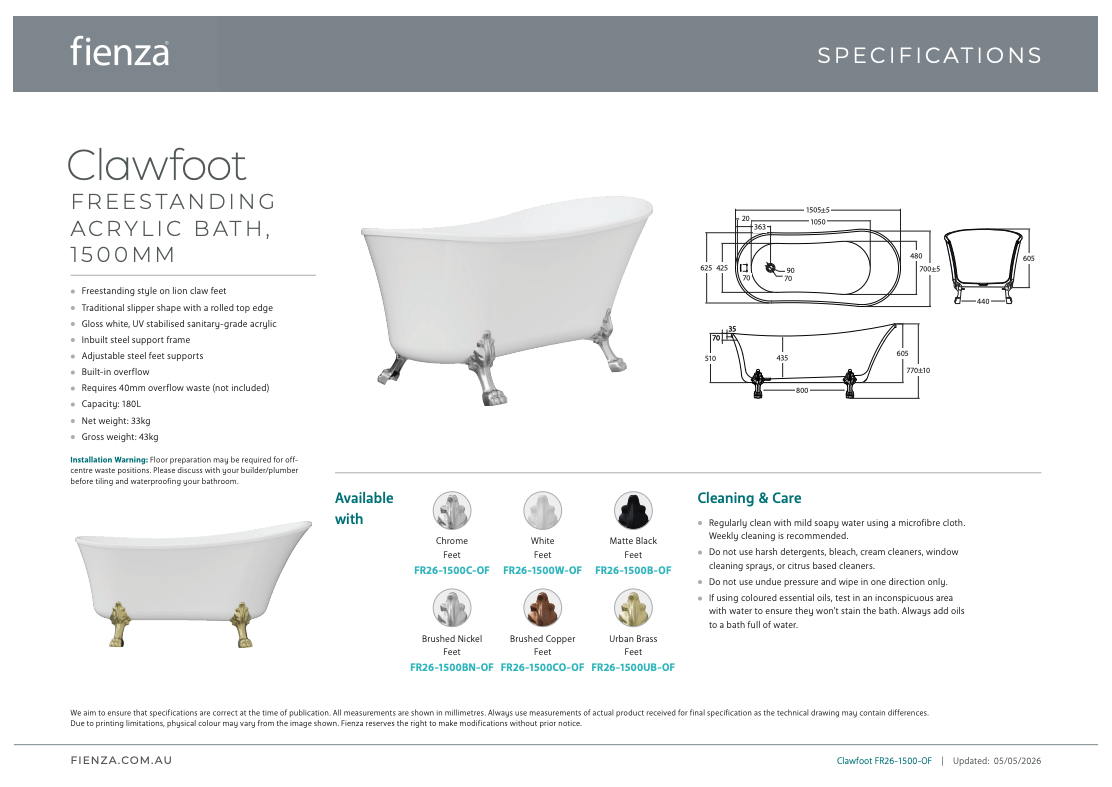 Fienza Clawfoot Acrylic Free Standing Bath Tub Chrome Feet