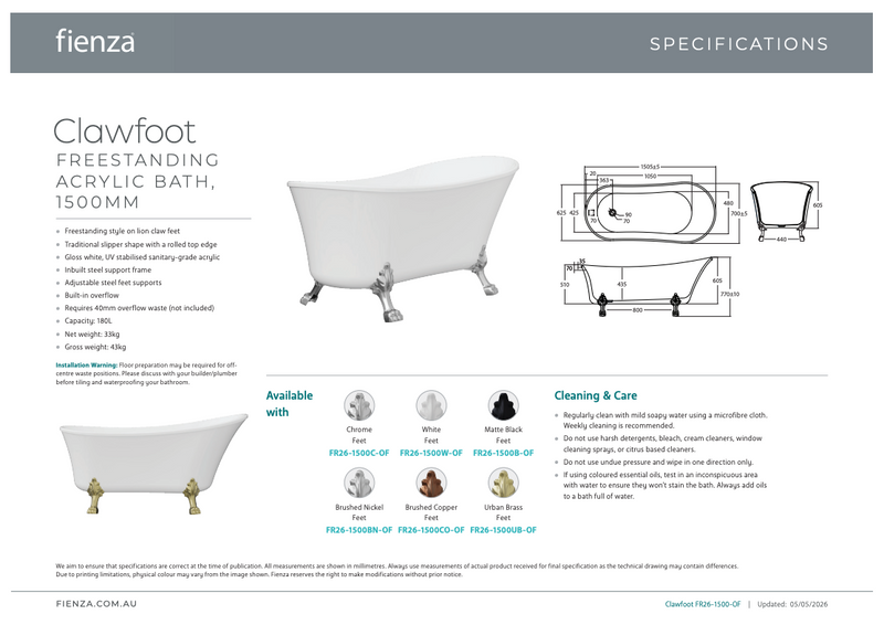 Fienza Clawfoot Acrylic Free Standing Bath Tub Chrome Feet