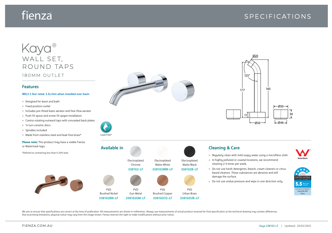 Fienza Kaya Wall Set, Round Taps, 180mm Outlet, Brushed Nickel