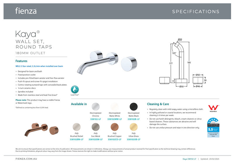 Fienza Kaya Wall Set, Round Taps, 180mm Outlet, Brushed Nickel