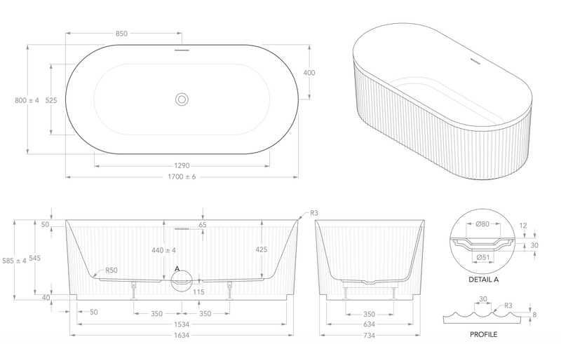 ADP Bronte Plus  Fluted Freestanding Bath - 1700mm Gloss or Matte White