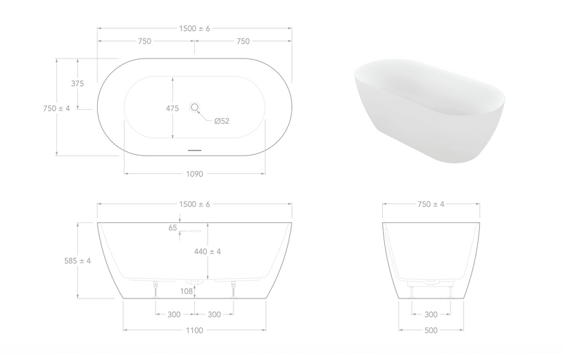 ADP Glacier Freestanding Bath - 1500mm Gloss White