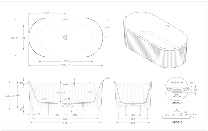 ADP Bronte Fluted Freestanding Bath - 1500mm Gloss or Matte White