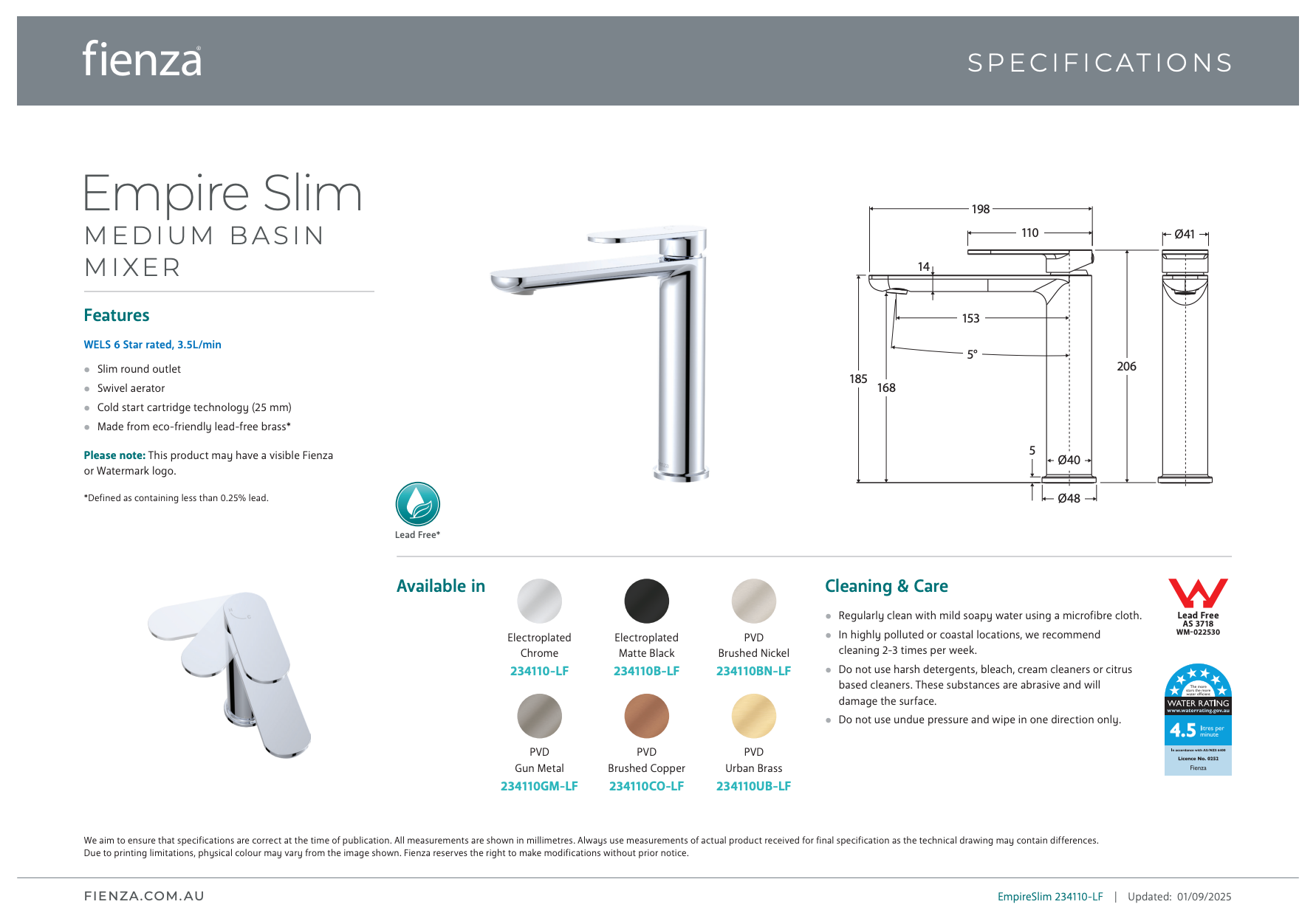 Fienza Empire Slim Cold Start Medium Basin Mixer Brushed Nickel