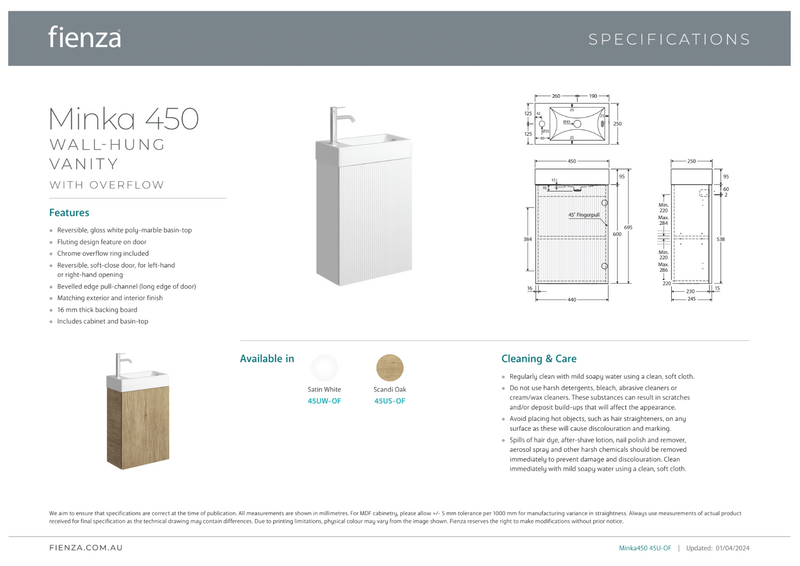 Fienza Minka 450 Wall-Hung Vanity with Overflow, Scandi Oak